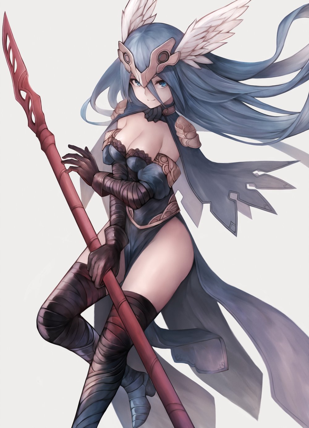 1girl blue_capelet blue_dress blue_eyes blue_hair boots breasts capelet cleavage closed_mouth commentary_request copyright_request dress floating_hair grey_background high_heel_boots high_heels highres holding holding_weapon inaba_sunimi long_hair looking_at_viewer pelvic_curtain polearm simple_background smile solo spear thigh-highs thigh_boots weapon winged_hairband