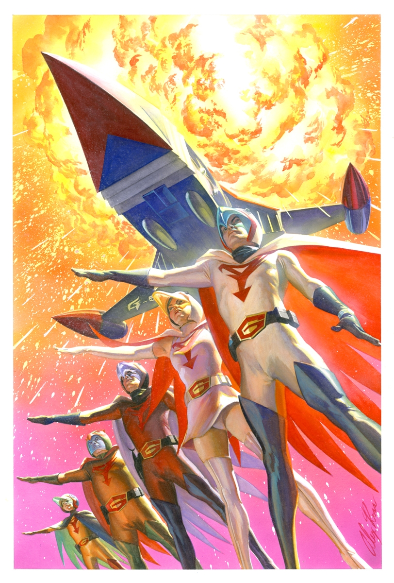 1girl 4boys 70s age_difference alex_ross bodysuit boots cloak debris dutch_angle emblem energy_gun epic explosion fire flying gatchaman gloves glowing god_phoenix helmet highres holster hood hooded_cloak jinpei_the_swallow joe_the_condor jun_the_swan ken_the_eagle miniskirt multiple_boys official_art official_style oldschool panties pantyshot perspective promotional_art ray_gun realistic ryu_the_owl scan shiny signature size_difference skirt smoke space_craft traditional_media underwear uniform visor weapon