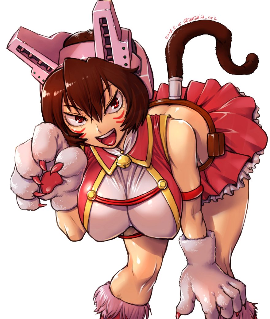 1girl :d amania_orz animal_ears bare_shoulders bell bent_over boku_no_hero_academia boots breasts butt_crack cat_ears cat_tail claws covered_nipples dated eyebrows_visible_through_hair eyelashes facial_mark fake_animal_ears fake_tail frilled_skirt frills fur-trimmed_boots fur_trim gloves hair_between_eyes hand_on_own_knee headgear impossible_clothes jingle_bell large_breasts looking_at_viewer open_mouth paw_gloves paw_pose paws shiny shiny_hair simple_background skirt smile solo sousaki_shino tail twitter_username white_background