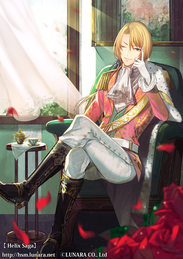 1boy ;) belt black_footwear blonde_hair boots chair copyright_name cup curtains day flower full_body gloves hand_up helix_saga inside kanashiki legs_crossed looking_at_viewer male_focus official_art one_eye_closed painting_(object) pants petals smile solo table tablecloth teacup teapot vest watermark web_address white_gloves white_neckwear white_pants