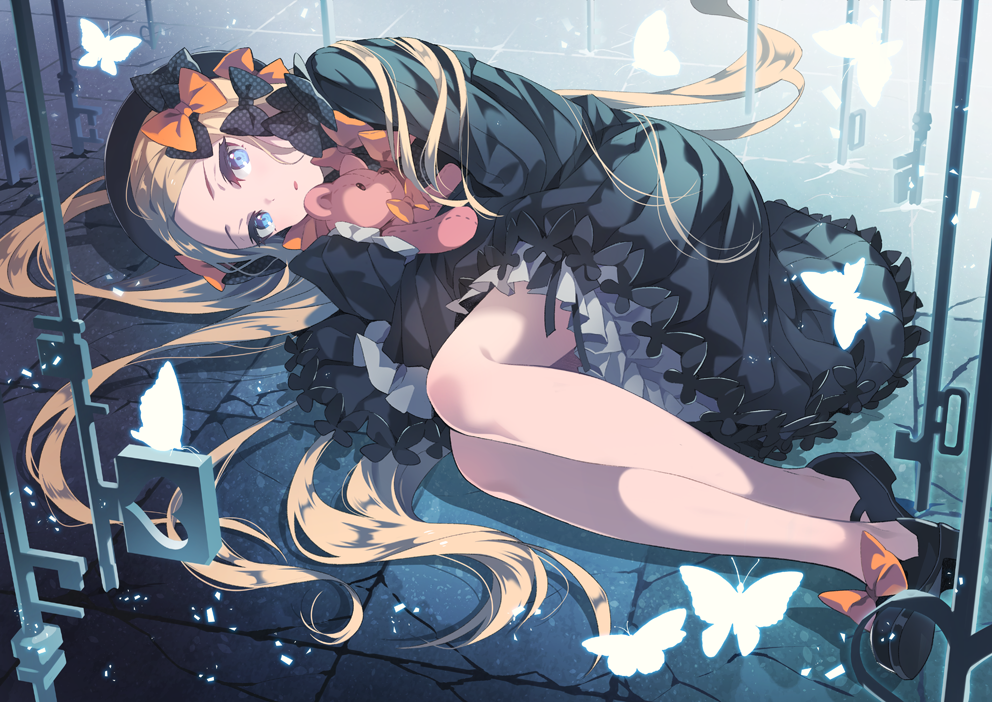 1girl abigail_williams_(fate/grand_order) beret bf._(sogogiching) black_bow black_dress black_footwear black_hat blonde_hair blue_eyes bow bug butterfly dress fate/grand_order fate_(series) frilled_dress frills hair_bow hat holding holding_stuffed_animal insect key long_hair looking_at_viewer lying on_floor on_side orange_bow oversized_object parted_lips polka_dot polka_dot_bow solo stone_floor stuffed_animal stuffed_toy teddy_bear tile_floor tiles very_long_hair