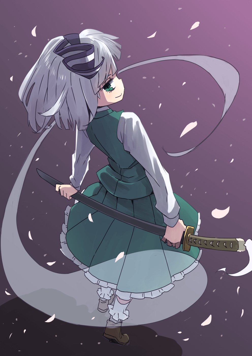 1girl bow brown_footwear cherry_blossoms closed_mouth from_behind full_body gradient gradient_background green_eyes green_skirt hair_bow highres holding holding_sword holding_weapon konpaku_youmu konpaku_youmu_(ghost) nunupon0514 pleated_skirt profile sheath sheathed shoes short_hair silver_hair skirt skirt_set socks solo standing sword touhou weapon white_legwear