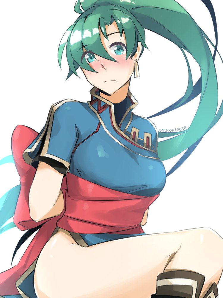 1girl artist_request blush earrings fire_emblem fire_emblem:_rekka_no_ken green_eyes green_hair jewelry long_hair looking_at_viewer lyndis_(fire_emblem) pelvic_curtain ponytail ribbon side_slit simple_background solo