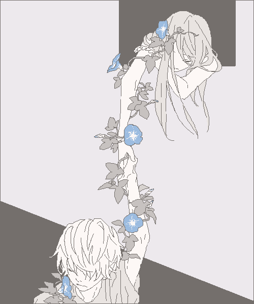 1boy 1girl blue_flower closed_eyes expressionless eyebrows_visible_through_hair flower grey_background grey_hair greyscale hand_holding hands_together kai_(dweep) long_hair monochrome morning_glory original outstretched_arm plant short_hair simple_background standing upper_body window