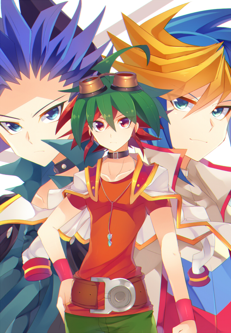 3boys ahoge black_hair blonde_hair blue_eyes blue_hair choker goggles goggles_on_head green_hair green_pants hand_on_hip jacket looking_at_viewer male_focus multicolored_hair multiple_boys pants red_shirt redhead rento_(rukeai) sakaki_yuuya shirt short_sleeves smile spiky_hair star white_jacket yu-gi-oh! yuu-gi-ou_arc-v yuugo_(yuu-gi-ou_arc-v) yuuto_(yuu-gi-ou_arc-v)