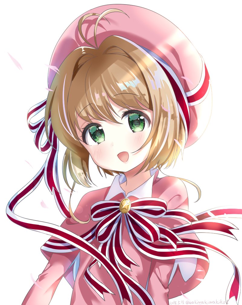 1girl :d antenna_hair bangs blush bow capelet card_captor_sakura collared_dress commentary_request dated dress eyebrows_visible_through_hair green_eyes hair_between_eyes hair_intakes hat head_tilt kinomoto_sakura light_brown_hair looking_at_viewer neki_(wakiko) open_mouth petals pink_capelet pink_dress pink_hat red_bow short_hair smile solo striped striped_bow twitter_username white_background