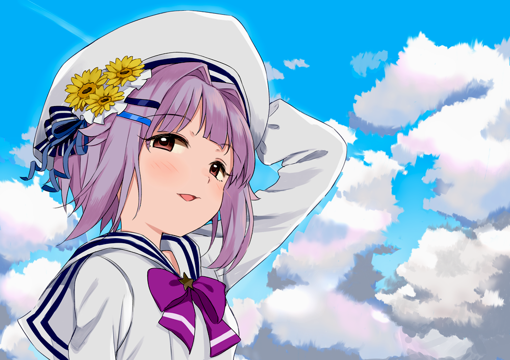 1girl blue_sky bow brown_eyes clouds dress flower hair_flower hair_ornament hairpin hand_on_headwear hat idolmaster idolmaster_cinderella_girls kirarin369 koshimizu_sachiko long_sleeves looking_at_viewer purple_hair sailor_dress sailor_hat short_hair sky solo