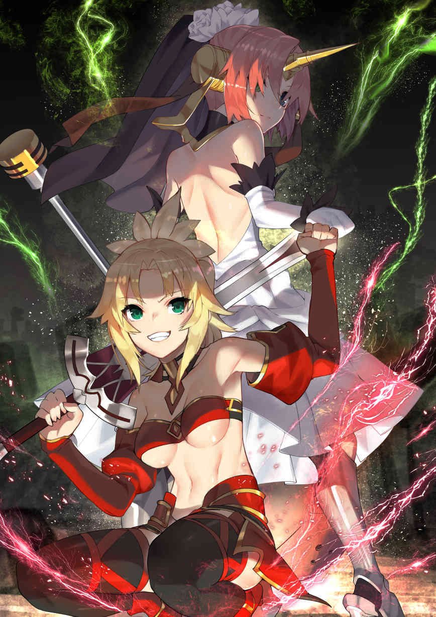 2girls back back-to-back bare_shoulders blonde_hair breasts bridal_veil clarent commentary_request eyebrows_visible_through_hair fate/apocrypha fate/grand_order fate_(series) fist_bump frankenstein's_monster_(fate) green_eyes hair_between_eyes highres holding holding_sword holding_weapon horn mordred_(fate) mordred_(fate)_(all) multiple_girls pink_hair ponytail short_hair smile sukocchi sword under_boob veil weapon