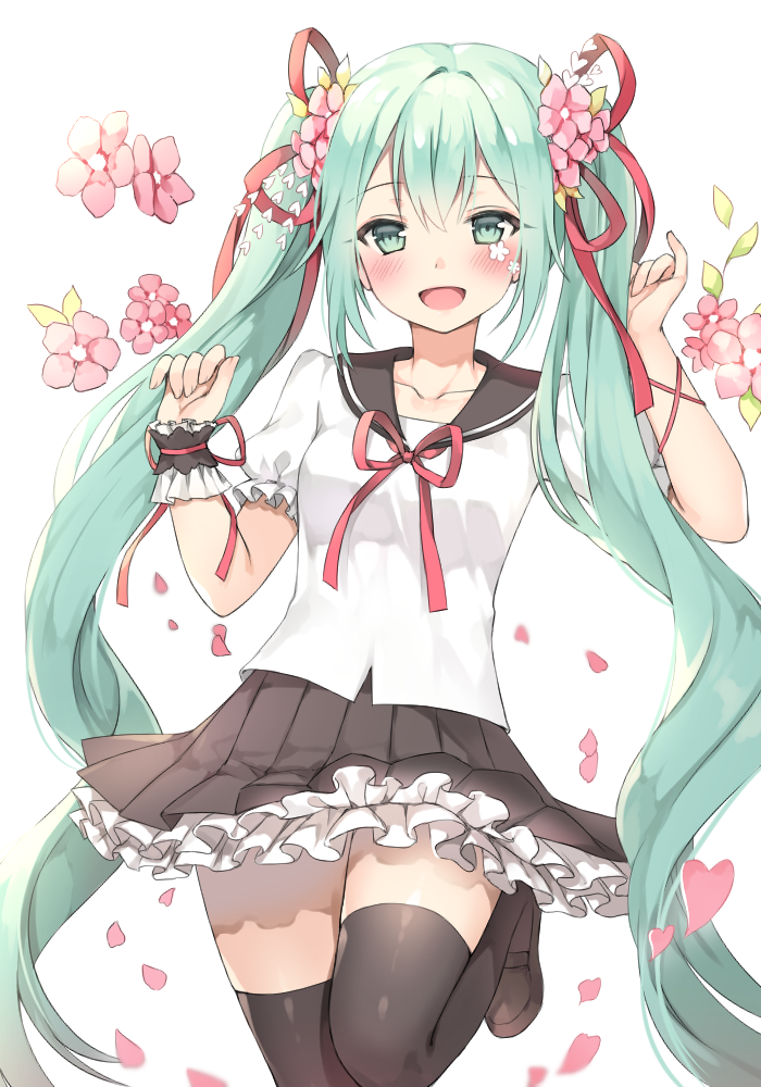 1girl bangs black_legwear black_sailor_collar black_skirt blush breasts brown_footwear canape_(canape0130) commentary_request eyebrows_visible_through_hair flower frilled_skirt frills green_eyes green_hair hair_between_eyes hair_flower hair_ornament hair_ribbon hand_up hatsune_miku heart loafers long_hair petals pink_flower pleated_skirt puffy_short_sleeves puffy_sleeves red_ribbon ribbon sailor_collar school_uniform serafuku shirt shoes short_sleeves simple_background single_wrist_cuff skirt small_breasts solo standing standing_on_one_leg thigh-highs twintails very_long_hair vocaloid white_background white_shirt