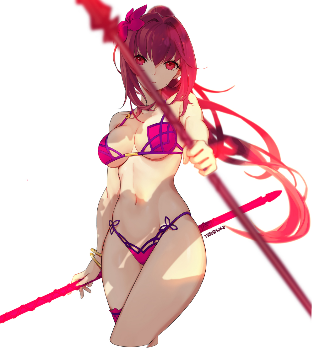 1girl 3: artist_name bangle bikini blurry bracelet breasts cleavage contrapposto cowboy_shot cropped_legs depth_of_field dual_wielding expressionless fate/grand_order fate_(series) flower gae_bolg hair_flower hair_intakes hair_ornament jewelry kiwamu long_hair looking_at_viewer midriff navel pink_bikini pink_eyes purple_hair scathach_(fate/grand_order) scathach_(swimsuit_assassin)_(fate) simple_background solo string_bikini swimsuit thigh_strap very_long_hair white_background