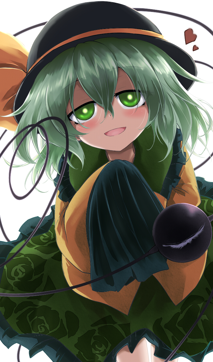 1girl black_hat blush commentary_request green_eyes green_hair hat hat_ribbon heart highres komeiji_koishi looking_at_viewer open_mouth ribbon sleeves_past_wrists smile solo third_eye touhou ugatsu_matsuki