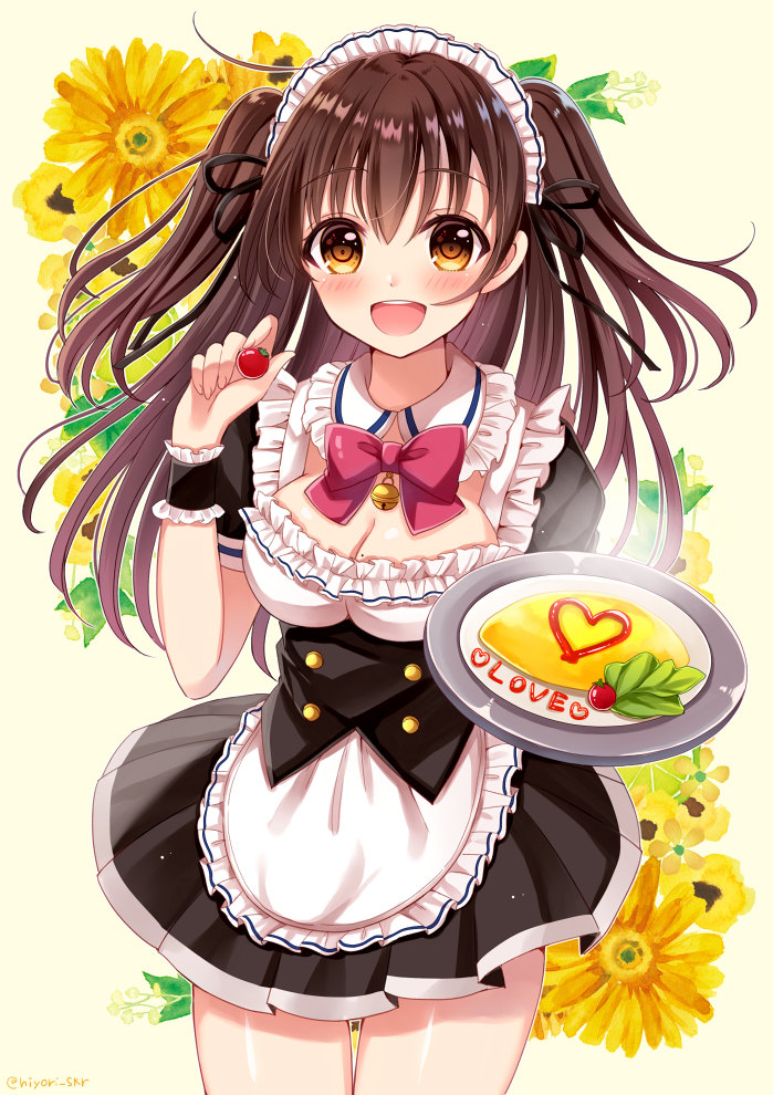 1girl :d apron black_dress black_ribbon blush breasts brown_eyes brown_hair cherry_tomato cleavage commentary_request dress flower food frilled_apron frills hair_ribbon heart holding holding_food large_breasts long_hair looking_at_viewer maid maid_headdress mole mole_on_breast omurice open_mouth original pleated_dress puffy_short_sleeves puffy_sleeves ribbon sakura_hiyori short_sleeves smile solo two_side_up upper_teeth very_long_hair white_apron yellow_flower