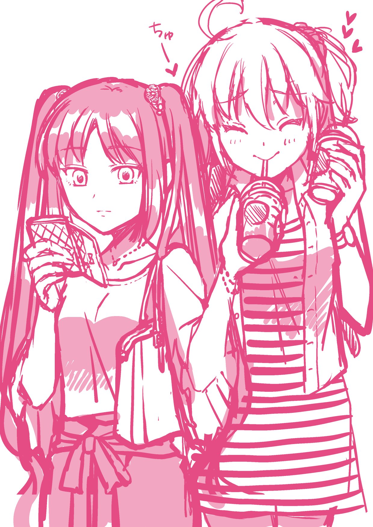 2girls ahoge alternate_costume bangs blush casual cellphone closed_eyes commentary_request cup drinking drinking_straw fate/grand_order fate_(series) fujimaru_ritsuka_(female) heart highres holding holding_cellphone holding_phone jewelry long_hair minnmibouya monochrome multiple_girls necklace phone sketch stheno striped twintails very_long_hair watch watch white_background
