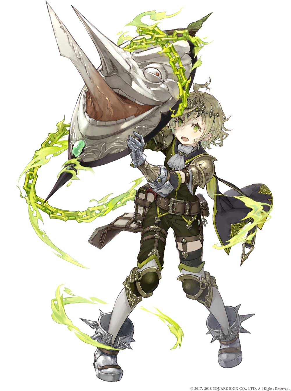 1boy ahoge armor armored_boots belt book boots chains full_body gauntlets green_eyes green_hair highres jacket jino long_nose official_art pigeon-toed pinocchio_(sinoalice) shield shoulder_pads sinoalice tongue tongue_out white_background worried
