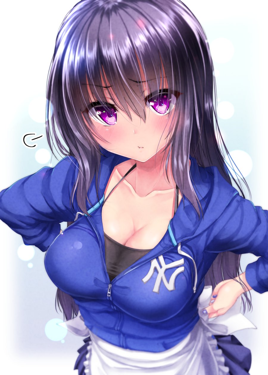 1girl apron black_hair blue_suit blush breasts cleavage highres large_breasts long_hair long_sleeves looking_at_viewer mokufuu original pleated_skirt pout skirt solo track_suit tying_apron violet_eyes