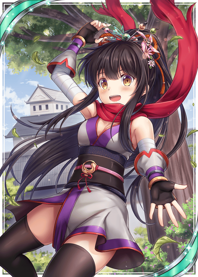 1girl akkijin black_hair breasts card_(medium) flower hair_flower hair_ornament japanese_clothes looking_at_viewer medium_breasts ninja official_art outdoors pagoda ponytail red_scarf scarf shinkai_no_valkyrie solo thigh-highs tree yellow_eyes