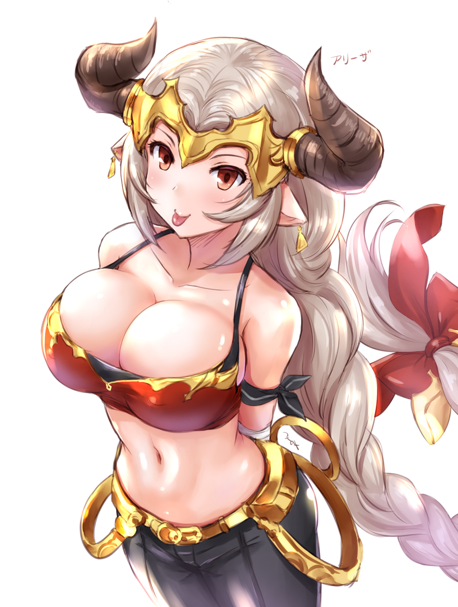 1girl aliza_(granblue_fantasy) arm_wrap armband arms_behind_back bare_shoulders belt black_pants blush bow breasts cleavage collarbone draph earrings granblue_fantasy hair_pulled_back headpiece highres hips horns jewelry large_breasts long_braid long_hair looking_at_viewer low-tied_long_hair midriff navel pants pointy_ears red_bow red_eyes silver_hair simple_background smile solo tongue tongue_out tsuchinoto waist white_background