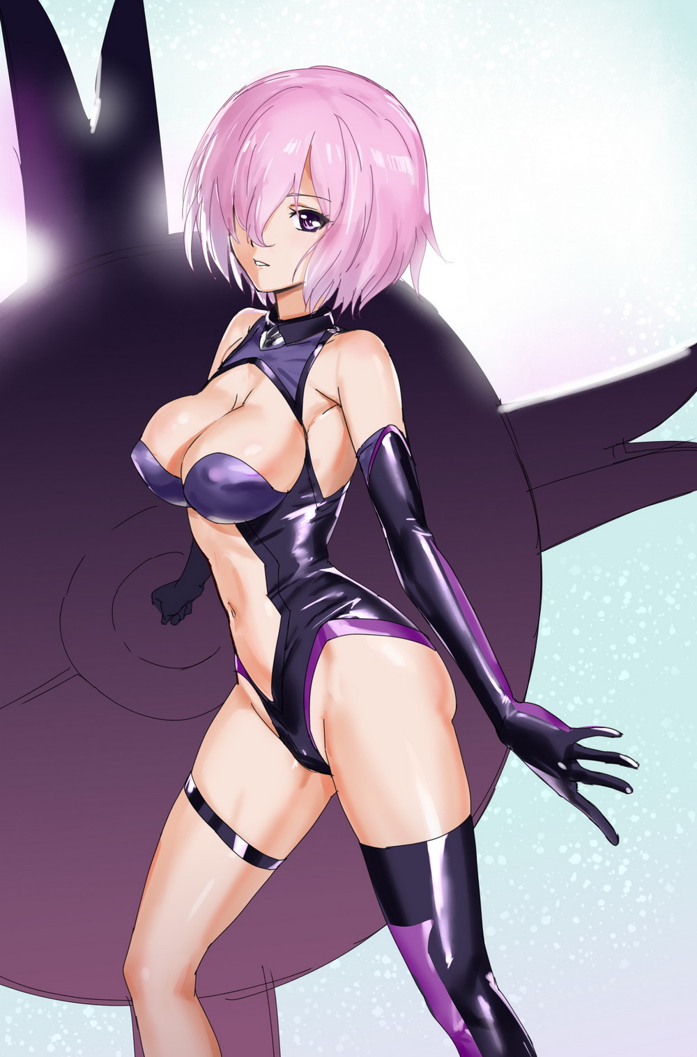 1girl bare_shoulders black_gloves breasts elbow_gloves fate/grand_order fate_(series) gloves hair_over_one_eye highleg highleg_leotard highres holding large_breasts leotard looking_at_viewer mash_kyrielight navel one_eye_covered ontaros parted_lips pink_hair shield single_thighhigh smile solo thigh-highs violet_eyes