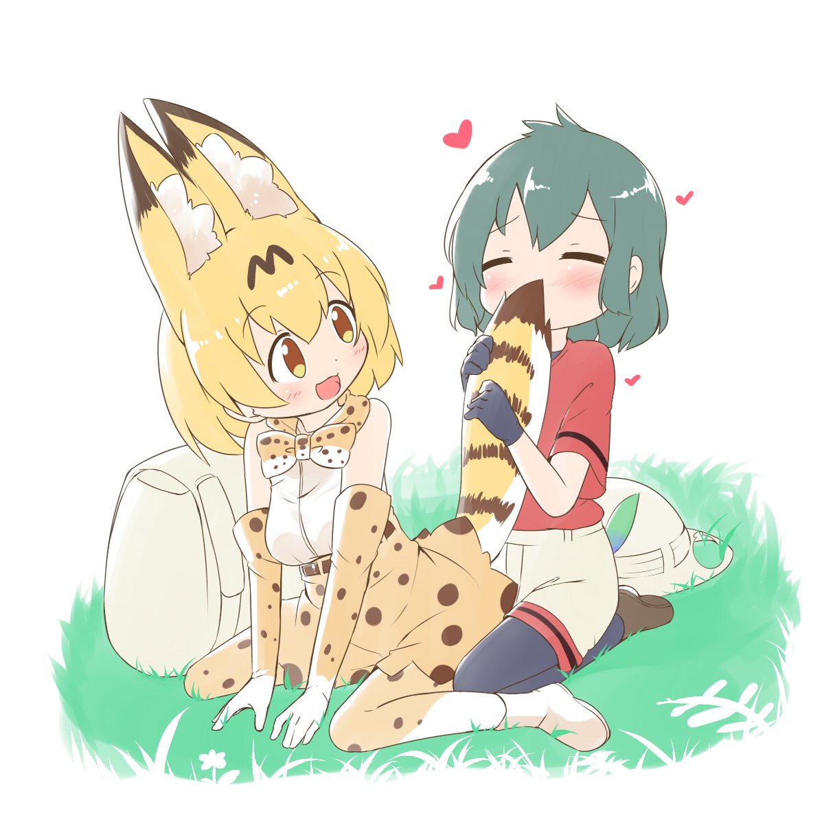 2girls animal_ears backpack bag bare_shoulders belt black_hair blonde_hair blush bow bowtie bucket_hat closed_eyes commentary_request elbow_gloves eyebrows_visible_through_hair gloves hat hat_removed headwear_removed heart highres kaban_(kemono_friends) kemono_friends loafers makuran multicolored_hair multiple_girls pantyhose seiza serval_(kemono_friends) serval_ears serval_print serval_tail shirt shoes short_hair shorts sitting skirt smelling t-shirt tail thigh-highs vest yellow_eyes