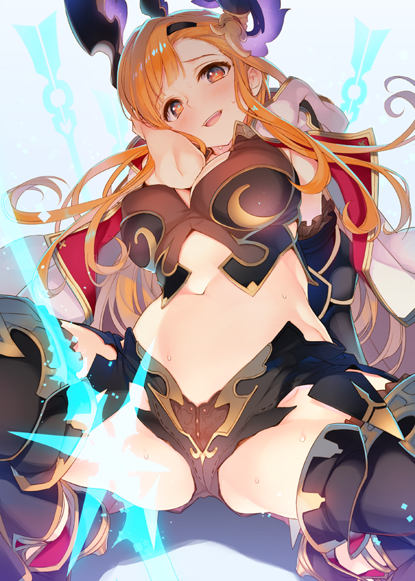 1girl arrow bangs black_gloves black_legwear blue_background blush breastplate breasts brown_eyes cape cleavage commentary_request elbow_gloves gloves granblue_fantasy hair_ornament hairband hand_behind_head hand_in_hair head_wings large_breasts long_hair looking_at_viewer navel open_mouth orange_hair sidelocks simple_background smile solo song_(granblue_fantasy) spread_legs squatting sweat tatami_to_hinoki thigh-highs thighs waist white_cape