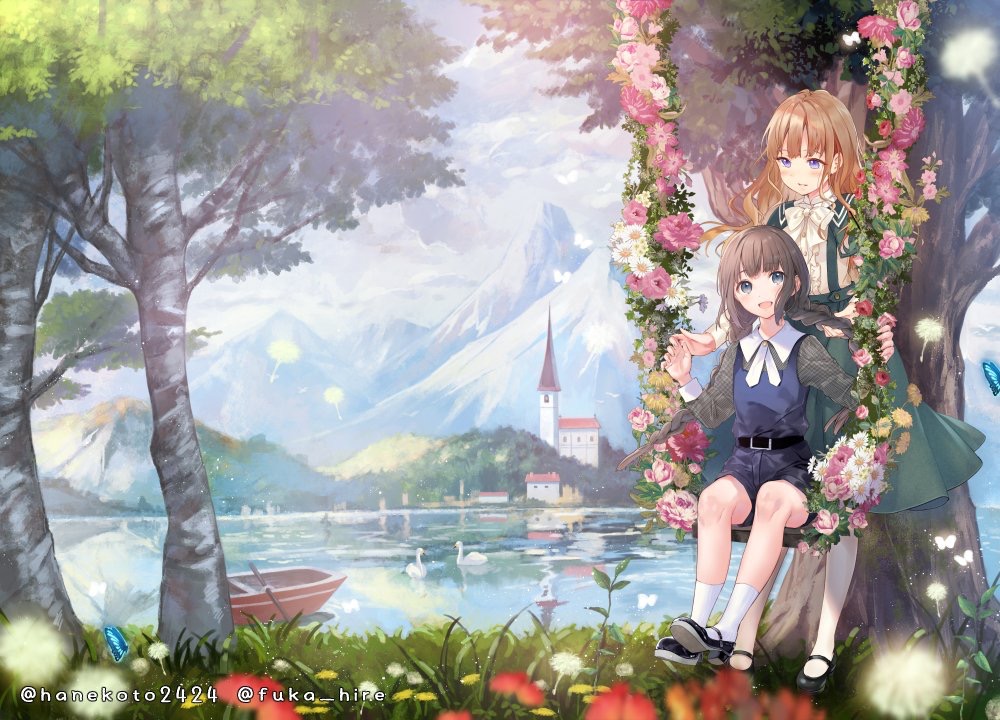2girls :d bangs belt bird black_belt black_footwear black_hair blue_eyes blue_sky blush bow bowtie braid brown_hair buckle bug butterfly center_frills clouds cloudy_sky collared_shirt commentary_request couple daisy dandelion dandelion_seed day dot_nose eye_contact flower grass green_skirt grey_eyes grey_shirt grin half-closed_eyes hand_in_another's_hair hands_up hanekoto high-waist_skirt high_heels insect lake long_hair long_skirt long_sleeves looking_at_another loose_belt mary_janes mountain mountainous_horizon multiple_girls nature open_mouth original outdoors overalls pantyhose pink_flower reflection rowboat shirt shoes sitting skirt sky sleeve_cuffs smile socks standing suspender_skirt suspenders swan swing tree twin_braids under_tree very_long_hair wavy_hair white_flower white_legwear white_neckwear white_shirt yellow_flower yuri