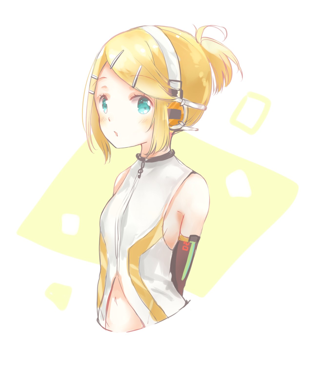 1girl :o alternate_hairstyle aqua_eyes arms_behind_back bare_shoulders blonde_hair choker detached_sleeves eyebrows_visible_through_hair hair_ornament hairclip headphones headset highres kagamine_rin kagamine_rin_(append) looking_at_viewer navel open_mouth oyamada_(pi0v0jg) short_hair short_ponytail solo treble_clef upper_body vocaloid vocaloid_append