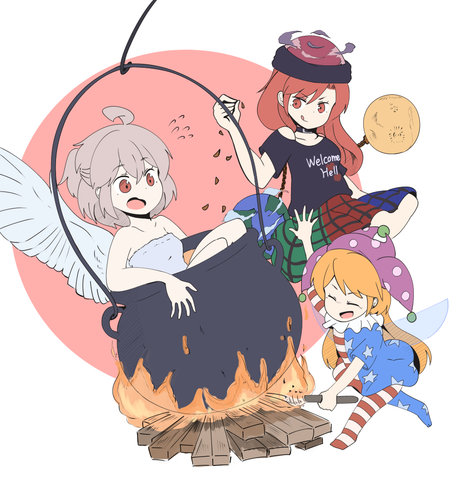 3girls ahoge american_flag_dress american_flag_legwear bare_shoulders black_shirt blonde_hair buna_shimeji_(keymush) cauldron chains closed_eyes clothes_writing clownpiece cooking earth_(ornament) english fairy_wings feathered_wings fire grey_hair grey_wings hat hecatia_lapislazuli jester_cap kishin_sagume long_hair moon_(ornament) multicolored multicolored_clothes multicolored_skirt multiple_girls naked_towel off-shoulder_shirt open_mouth pantyhose polos_crown purple_hat red_eyes redhead shirt short_hair short_sleeves single_wing skirt smile tongue tongue_out torch touhou towel very_long_hair wings wood