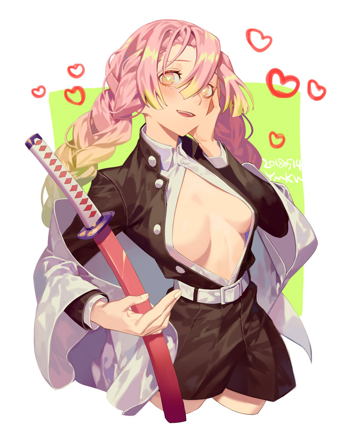 1girl :d bangs belt blush braid breasts breasts_apart brown_jacket brown_pants cleavage_cutout commentary_request fingernails green_background hair_between_eyes hand_on_own_cheek heart heart-shaped_pupils holding holding_sword holding_weapon jacket kanroji_matsuri katana kimetsu_no_yaiba large_breasts long_hair long_sleeves mole mole_under_eye open_mouth pants pink_eyes pink_hair scabbard sheath sheathed signature smile solo sword symbol-shaped_pupils twin_braids weapon yamakawa yandere_trance