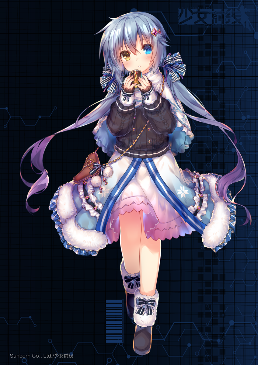 1girl :o aran_sweater bag bangs black_footwear blue_bow blue_eyes blue_hair blue_skirt blush bow brown_eyes brown_sweater can capelet commentary_request eyebrows_visible_through_hair fingernails full_body fur-trimmed_boots fur_trim girls_frontline gradient_hair gradient_skirt hair_between_eyes hair_bow hair_ornament hands_up head_tilt heterochromia highres holding holding_can holster jiang-ge long_hair long_sleeves looking_at_viewer low_twintails multicolored_hair official_art parted_lips puffy_long_sleeves puffy_sleeves purple_hair ribbed_sweater shoulder_bag skirt sleeves_past_wrists solo spp-1_(girls_frontline) standing striped striped_bow sweater twintails very_long_hair white_capelet white_skirt