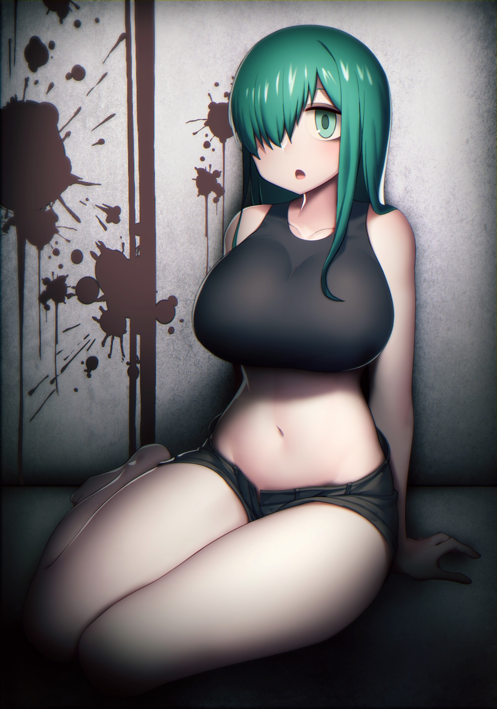 1girl :o bare_shoulders black_shorts blood blood_splatter breasts commentary_request green_eyes green_hair hair_over_one_eye harau highres huge_breasts long_hair looking_at_viewer navel one_eye_covered original short_shorts shorts sitting solo tank_top yokozuwari