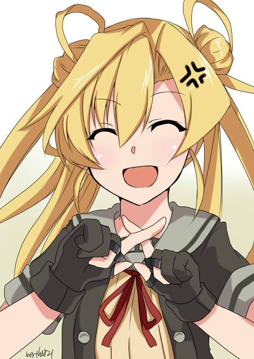 1girl ^_^ ^o^ abukuma_(kantai_collection) anger_vein bangs black_gloves black_jacket blonde_hair buttons closed_eyes double_bun gloves hair_between_eyes hair_rings hinase_(jet_hearts) jacket kantai_collection long_hair looking_at_viewer neck_ribbon open_mouth partly_fingerless_gloves red_ribbon remodel_(kantai_collection) ribbon school_uniform serafuku short_sleeves smile solo twintails upper_body