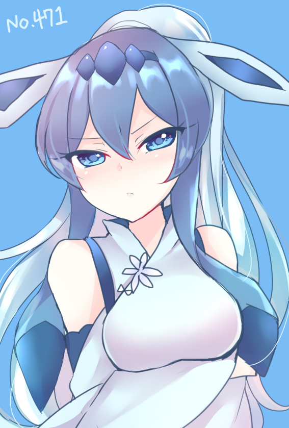 1girl animal_ears bangs bare_shoulders blue blue_background blue_eyes blue_hair blue_hairband breasts closed_mouth detached_sleeves eyebrows eyebrows_visible_through_hair eyelashes eyes_visible_through_hair frown gen_4_pokemon glaceon hair_between_eyes hairband high_ponytail long_hair long_sleeves medium_breasts multicolored_hair number ougi_hina personification pokemon simple_background solo upper_body v-shaped_eyebrows wide_sleeves