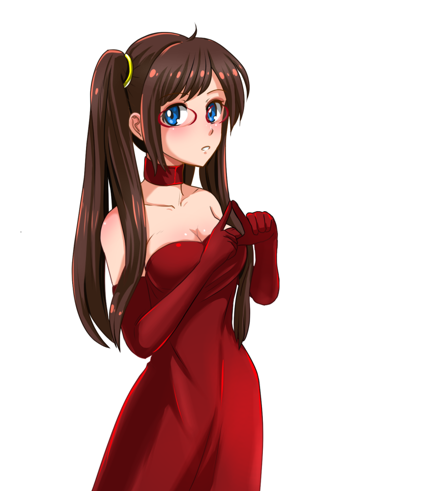 1girl bare_shoulders blue_eyes blush breasts brown_hair choker cleavage collarbone dress elbow_gloves everlasting_summer eyebrows_visible_through_hair glasses gloves huyase large_breasts long_hair looking_at_viewer red-framed_eyewear red_dress red_gloves solo standing strapless strapless_dress twintails white_background