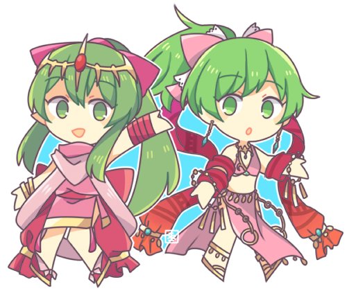 2girls anklet artist_request barefoot blush bow bracelet breasts cape chiki circlet cleavage dancer dress earrings fire_emblem fire_emblem:_mystery_of_the_emblem fire_emblem:_seisen_no_keifu fire_emblem_heroes green_eyes green_hair hair_bow hair_ornament jewelry leen_(fire_emblem) long_hair lowres mamkute multiple_girls pink_dress pink_legwear pointy_ears ponytail skirt smile tiara white_background