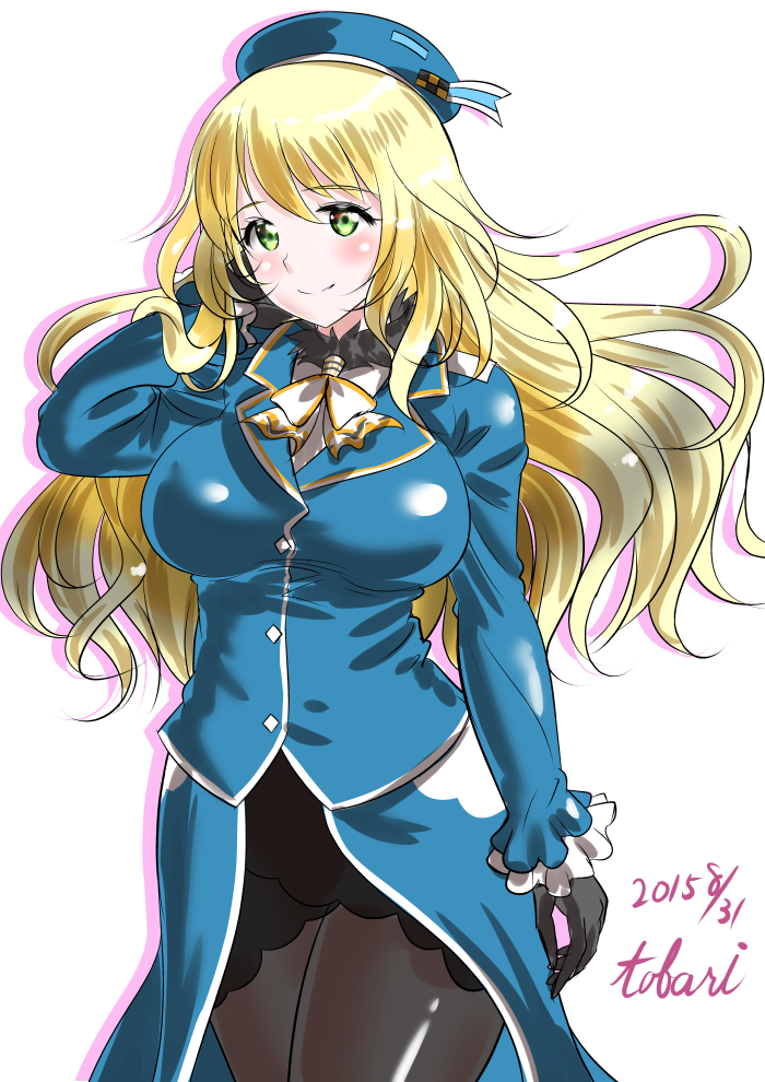 1girl artist_name atago_(kantai_collection) beret black_gloves blonde_hair blue_hat breasts dated gloves green_eyes hat kantai_collection kasugano_tobari large_breasts long_hair long_sleeves military military_uniform pantyhose skirt smile solo uniform