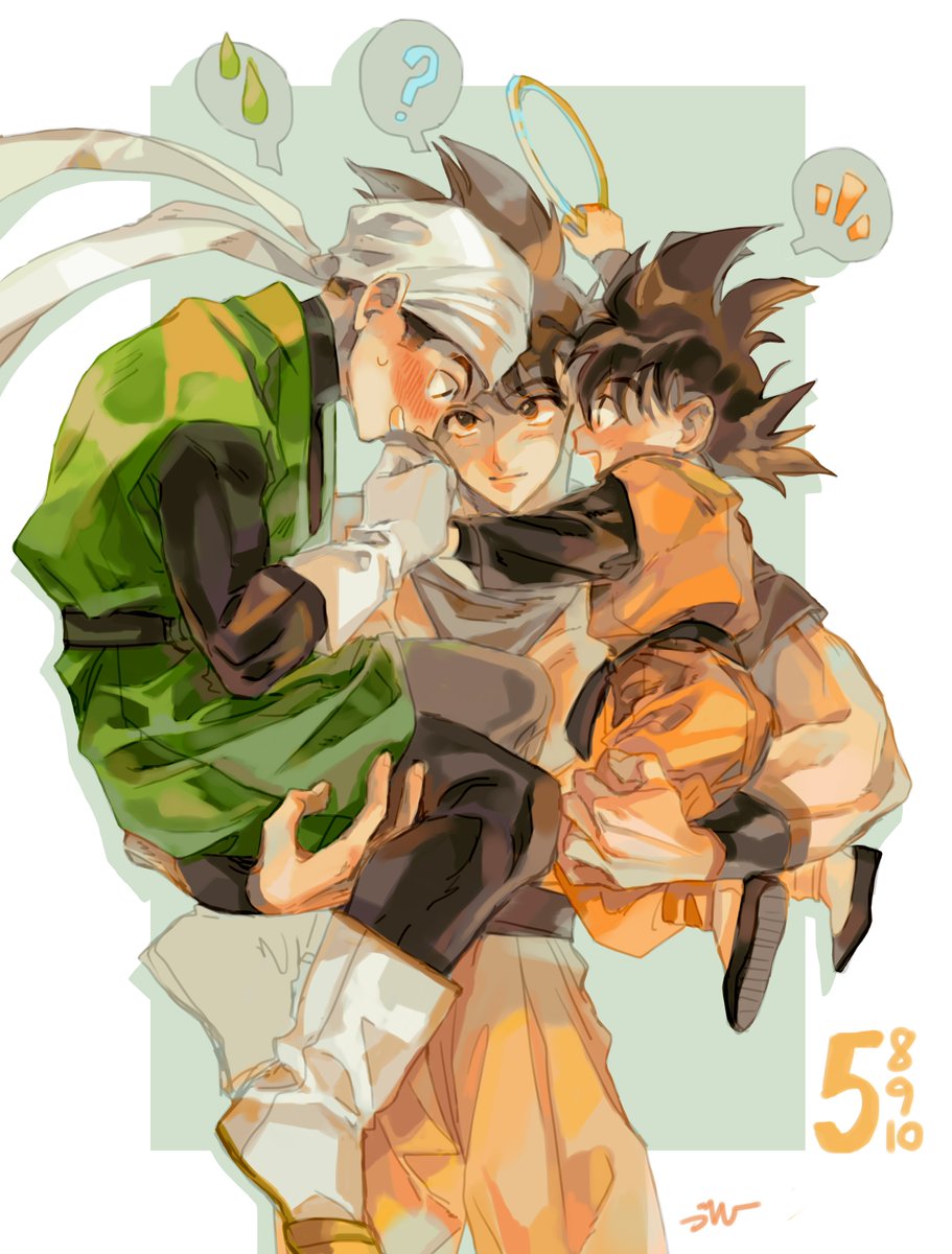 /\/\/\ 3boys ? bandanna black_eyes black_hair blue_background blush boots brothers carrying dougi dragon_ball dragonball_z father_and_son full_body gloves great_saiyaman green_shirt halo happy highres long_sleeves looking_at_another male_focus multiple_boys nervous number open_mouth profile shirt short_hair siblings simple_background smile son_gohan son_gokuu son_goten sweatdrop thought_bubble upper_body white_background wristband
