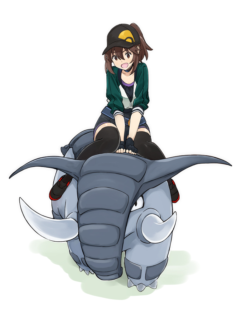 1girl :d alternate_legwear baseball_cap belt between_legs black_footwear black_hat black_jacket black_legwear brown_hair choker commentary_request donphan female_protagonist_(pokemon_go) fingerless_gloves gloves hand_between_legs hat jacket open_clothes open_jacket open_mouth pokemon pokemon_(creature) pokemon_go ponytail riding shoes simple_background smile sneakers thigh-highs unzipped white_background yamaguchi_satoshi zettai_ryouiki