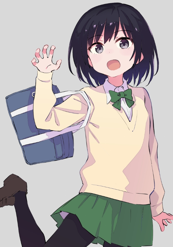 1girl :d aki_poi arm_up bag bangs black_eyes black_hair black_legwear blush bow bowtie brown_legwear claw_pose collared_shirt commentary_request eyebrows_visible_through_hair green_neckwear green_skirt grey_background head_tilt loafers long_sleeves looking_at_viewer open_mouth original pantyhose pleated_skirt school_bag school_uniform shirt shoes simple_background skirt sleeves_past_wrists smile solo standing standing_on_one_leg sweater white_shirt