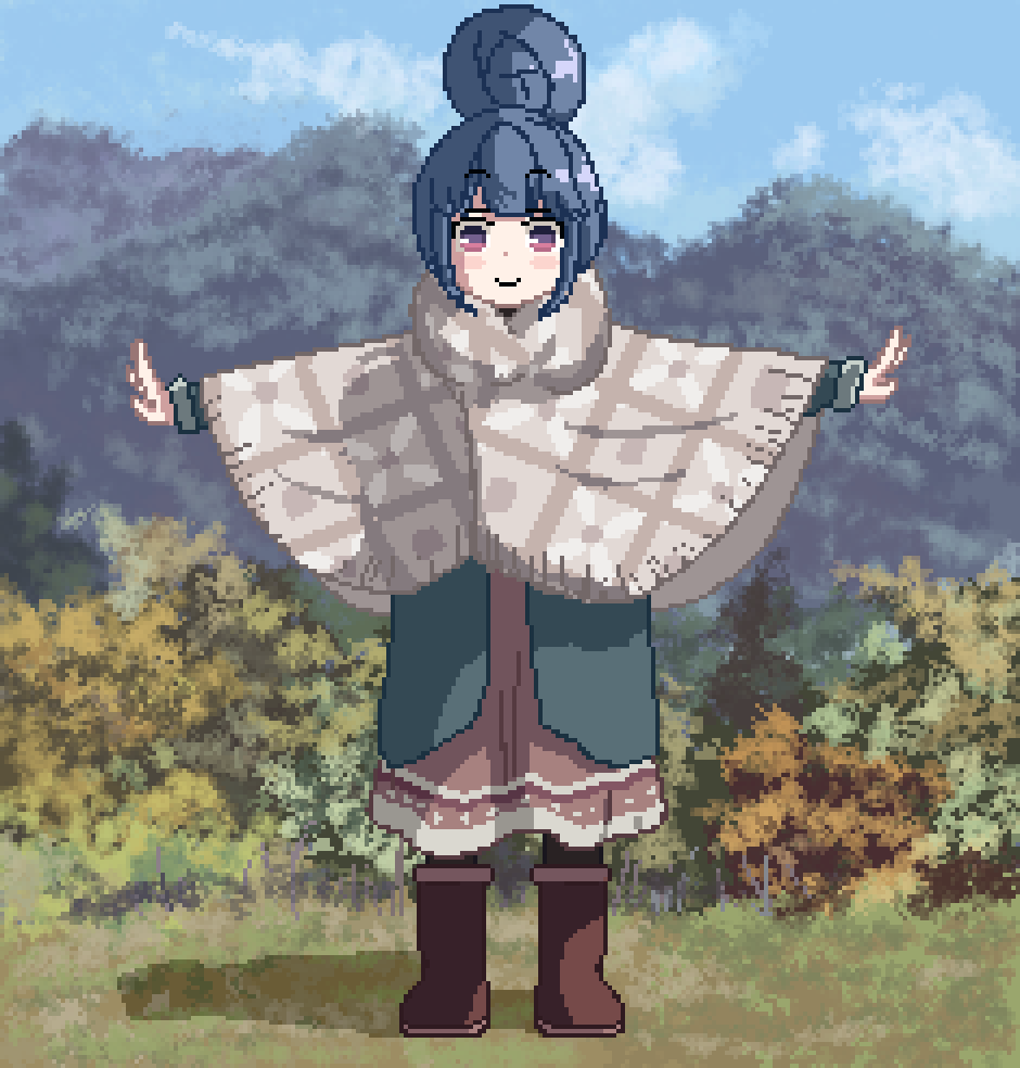 1girl blue_hair blush_stickers boots bush clouds commentary_request day dress eyebrows_visible_through_hair full_body hair_bun outdoors outstretched_arms pixel_art shadow shawl shima_rin sidelocks smile solo standing sugiura_tsuruki violet_eyes winter_clothes yurucamp