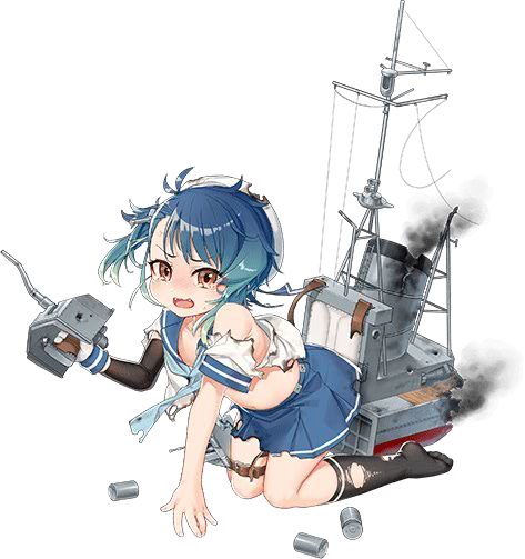 1girl akasaka_yuzu antiaircraft_weapon bike_shorts blue_eyes blue_hair blue_neckwear blue_ribbon blue_sailor_collar blue_skirt brown_eyes depth_charge fingerless_gloves fukae_(kantai_collection) gloves gun hat kantai_collection kneehighs mast official_art ribbon rigging sailor_collar sailor_hat school_uniform serafuku short_hair skirt smoke smokestack torn_clothes turret weapon white_gloves white_hat