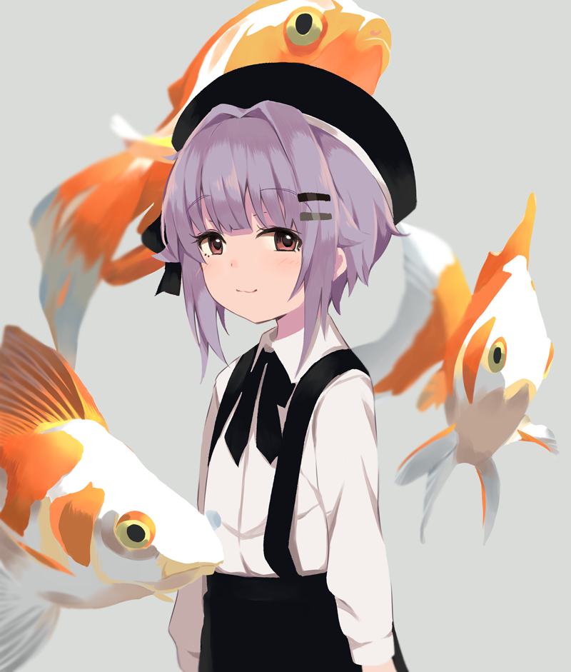 1girl black_hat black_skirt fish goldfish grey_background hair_ornament hairpin hat idolmaster idolmaster_cinderella_girls kirarin369 koshimizu_sachiko long_sleeves looking_at_viewer purple_hair red_eyes shirt short_hair simple_background skirt solo standing suspender_skirt suspenders white_shirt