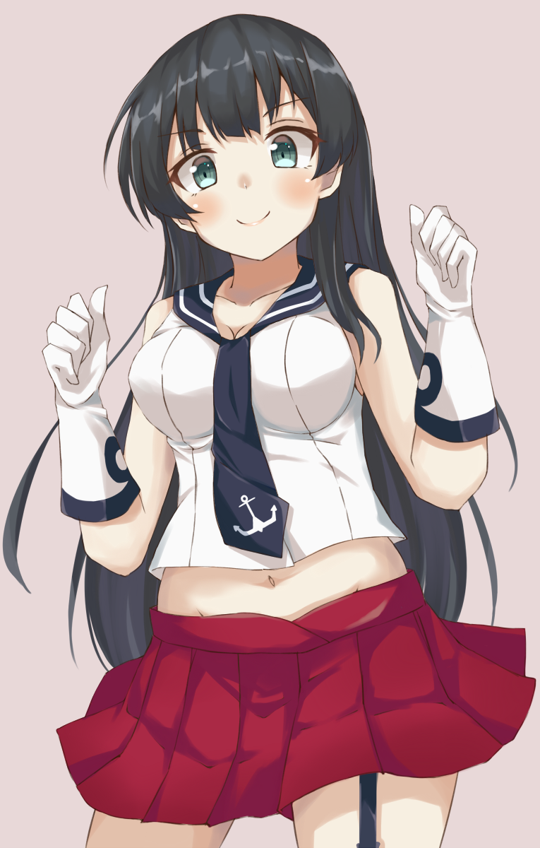 &gt;:) 1girl agano_(kantai_collection) aqua_eyes black_hair black_neckwear black_sailor_collar breasts collarbone garter_straps gloves highres kantai_collection lavender_background long_hair medium_breasts midriff necktie pleated_skirt red_skirt sailor_collar school_uniform serafuku simple_background skirt sleeveless smile solo v-shaped_eyebrows wasumi_kei white_gloves