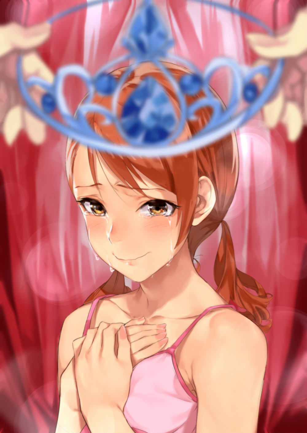 1girl bare_shoulders blurry blush brown_eyes brown_hair camisole collarbone commentary_request crying crying_with_eyes_open depth_of_field gem geregere_(lantern) hands_on_own_chest happy_tears highres holding houjou_karen idolmaster idolmaster_cinderella_girls lens_flare low_twintails pink_camisole pov pov_hands smile solo_focus tears tiara twintails wavy_mouth