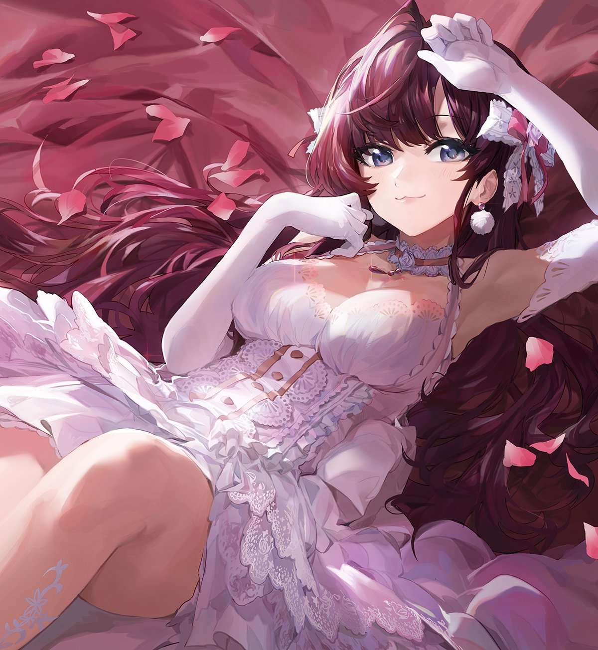 1girl :3 arm_up armpits bangs bare_legs bed_sheet blue_eyes bow breasts brown_hair commentary dress earrings elbow_gloves from_above gloves hair_bow hand_to_head highres ichinose_shiki idolmaster idolmaster_cinderella_girls idolmaster_cinderella_girls_starlight_stage jewelry lace_choker long_hair looking_at_viewer lying medium_breasts mossi on_back petals sleeveless sleeveless_dress solo wavy_hair white_dress