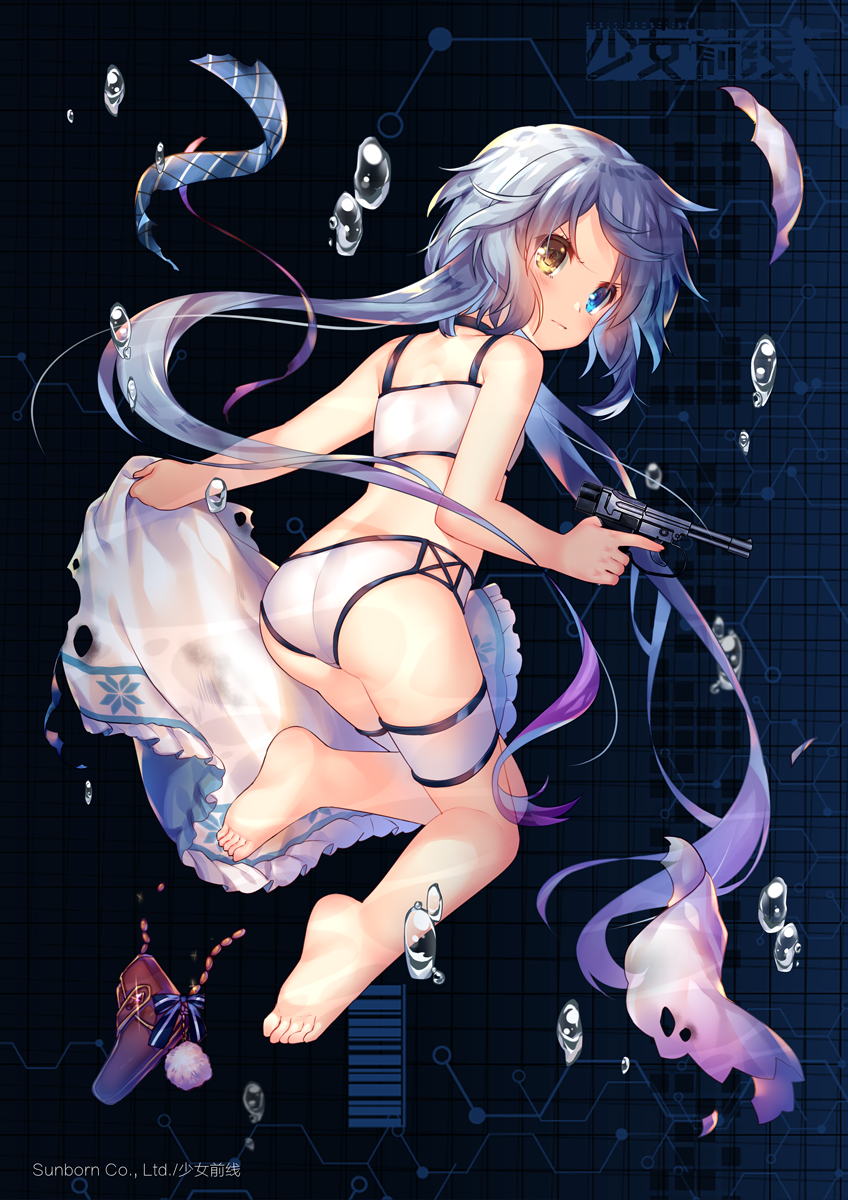 1girl air_bubble ass bangs bare_arms bare_shoulders barefoot bikini blue_bow blue_eyes blue_hair blush bow brown_eyes bubble closed_mouth eyebrows_visible_through_hair girls_frontline gradient_hair gun handgun heterochromia highres holding holding_gun holding_weapon holster jiang-ge long_hair looking_at_viewer looking_back multicolored_hair object_namesake official_art plaid pom_pom_(clothes) purple_hair skirt soles solo spp-1 spp-1_(girls_frontline) striped striped_bow swimsuit torn_clothes torn_skirt trigger_discipline twintails v-shaped_eyebrows very_long_hair weapon white_bikini
