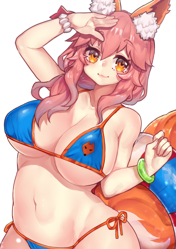 1girl animal_ears bare_shoulders bikini blue_bikini bracelet breasts closed_mouth cowboy_shot fate/grand_order fate_(series) fox_ears fox_tail hand_up huge_breasts innertube jewelry leaning_to_the_side long_hair looking_at_viewer navel orange_eyes osiimi pink_hair side-tie_bikini simple_background smile solo swimsuit tail tamamo_(fate)_(all) tamamo_no_mae_(swimsuit_lancer)_(fate) white_background wristband