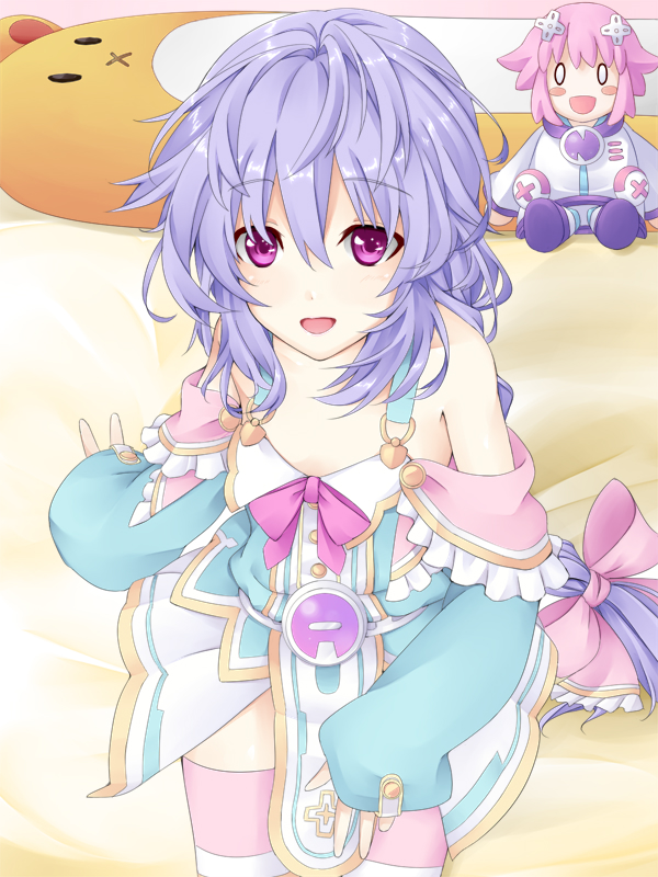 1girl braid character_doll flat_chest horizontal_stripes joney long_hair looking_at_viewer neptune_(choujigen_game_neptune) neptune_(series) open_mouth pink_eyes purple_hair pururut single_braid sitting smile solo striped thigh-highs