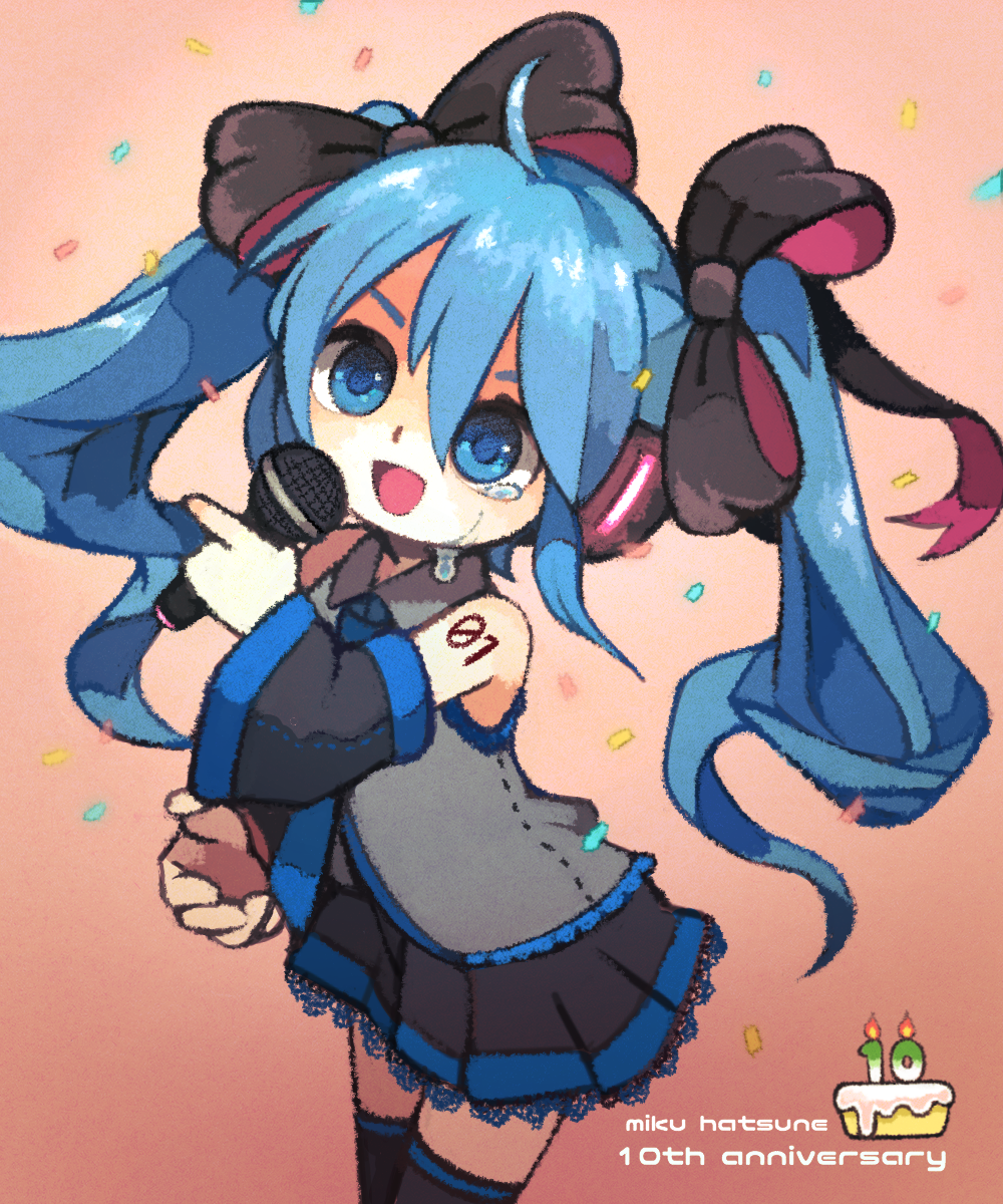 1girl :d ahoge anniversary bangs black_bow black_legwear blue_eyes blue_hair blue_neckwear bow cake candle collared_shirt confetti cowboy_shot crying crying_with_eyes_open detached_sleeves eyebrows facing_away fire food gradient gradient_background grey_shirt hair_between_eyes hair_bow hatsune_miku highres holding holding_microphone legs_apart long_sleeves microphone necktie number number_tattoo open_mouth shirt shoulder_tattoo single_tear sleeveless sleeveless_shirt smile solo standing tattoo tears thigh-highs twintails vocaloid wide_sleeves yukino_super zettai_ryouiki