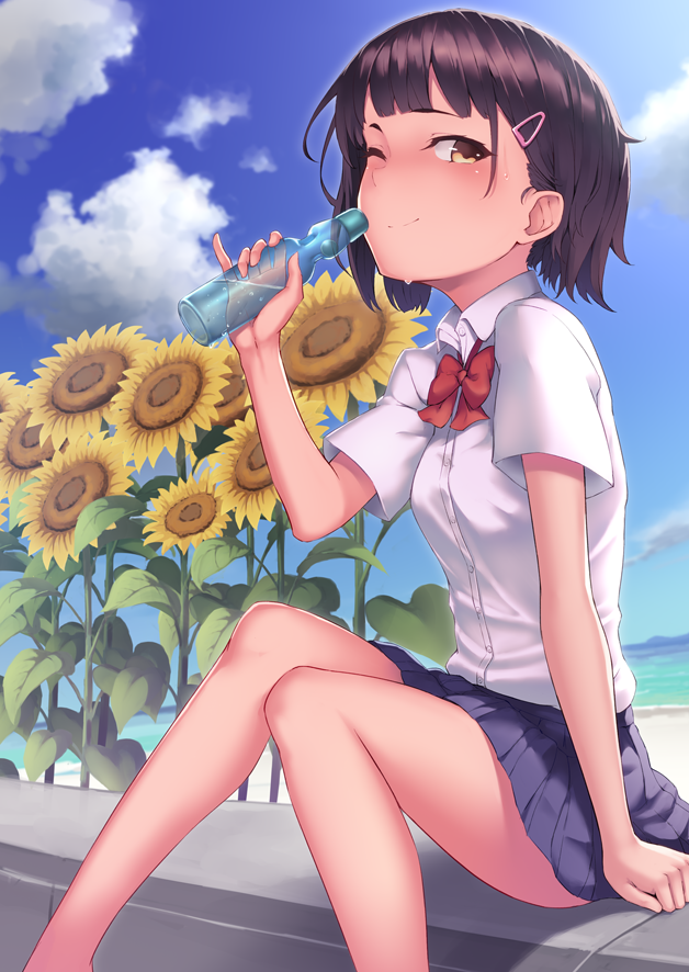 1girl ;) beach blue_skirt blue_sky blush bottle bow bowtie brown_eyes brown_hair closed_mouth clouds collared_shirt commentary_request copyright_request day dress_shirt flower glint hair_ornament hairclip hand_up holding holding_bottle ocean one_eye_closed outdoors pleated_skirt ramune red_neckwear ryuinu sand shirt short_hair short_sleeves sitting skirt sky smile solo sunflower water white_shirt yellow_flower