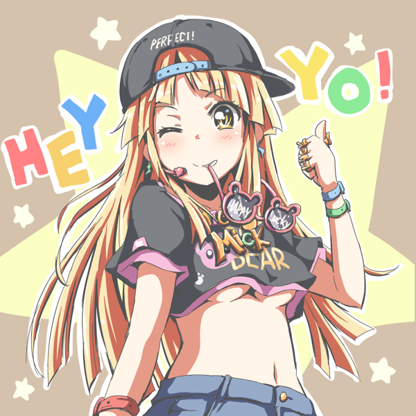 1girl backwards_hat bang_dream! bangs baseball_cap black_hat black_shirt bling blonde_hair bracelet breasts character_print clothes_writing crop_top denim earrings english fancy_glasses hat headset headwear_writing jeans jewelry long_hair looking_at_viewer michelle_(bang_dream!) midriff mouth_hold navel necklace one_eye_closed outline pants paw_print pink-framed_eyewear print_shirt riai_(onsen) ring shirt short_sleeves smile solo star sunglasses thumbs_up tsurumaki_kokoro under_boob white_outline yellow_eyes